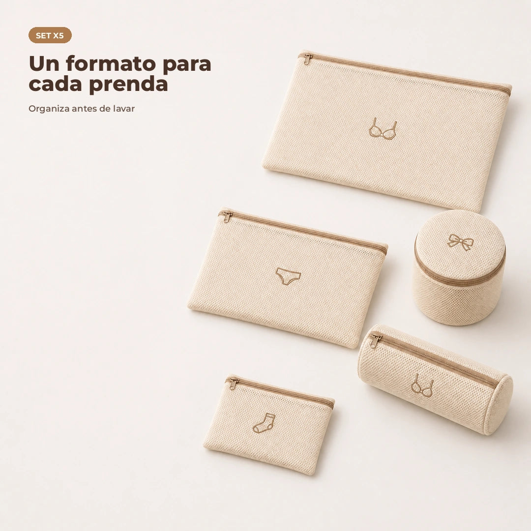 Set de cinco bolsas de malla para lavandería en color beige
