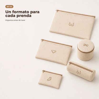 Set de cinco bolsas de malla para lavandería en color beige