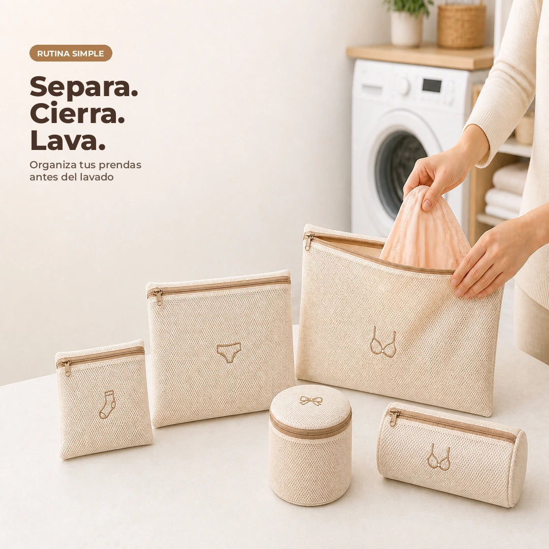 Proceso para separar, cerrar y lavar prendas con bolsas de malla