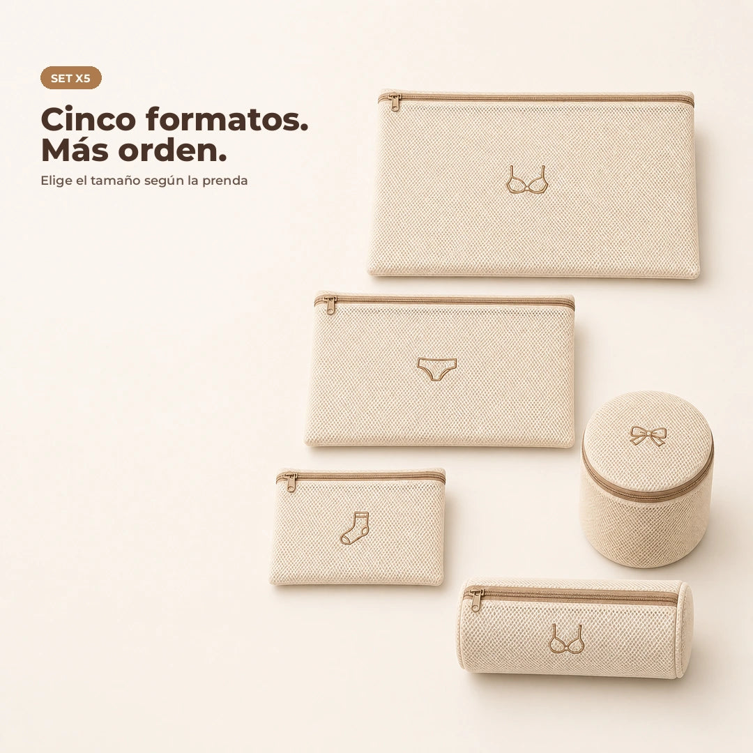 Cinco formatos de bolsas de malla para organizar prendas