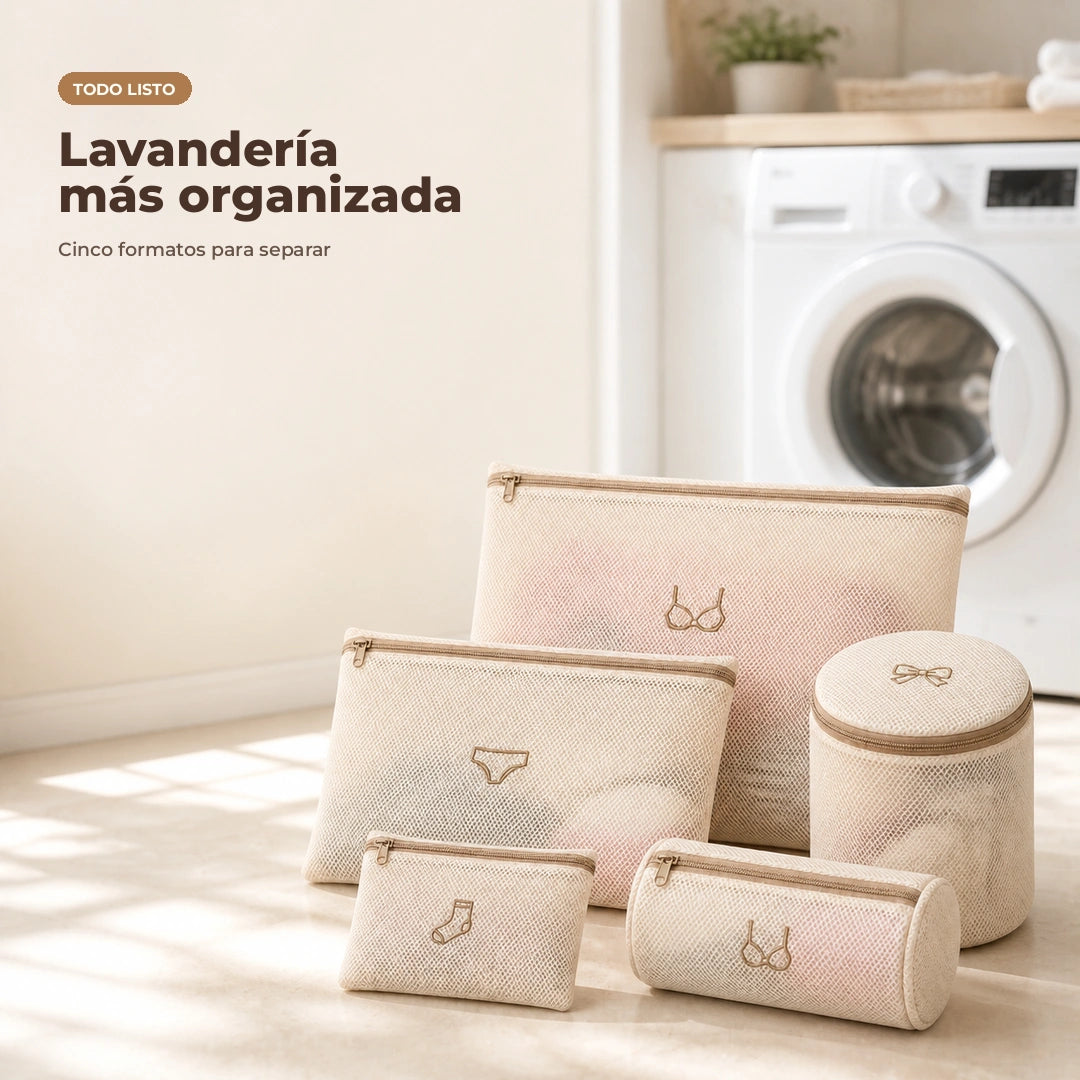 Set de bolsas de malla en una rutina de lavandería organizada