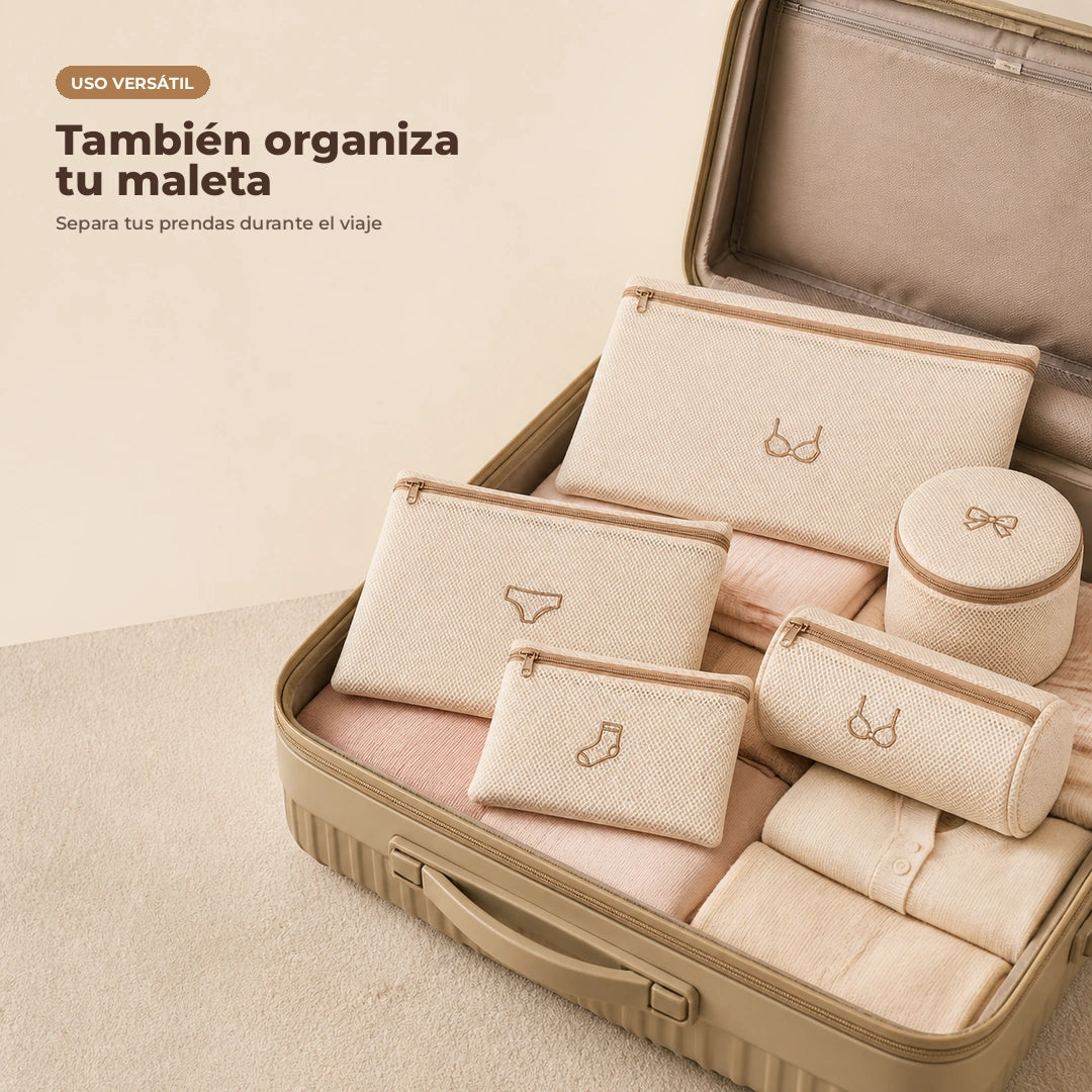Bolsas de malla usadas para organizar prendas de viaje