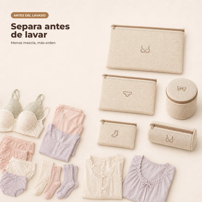Prendas separadas en bolsas de malla antes del lavado
