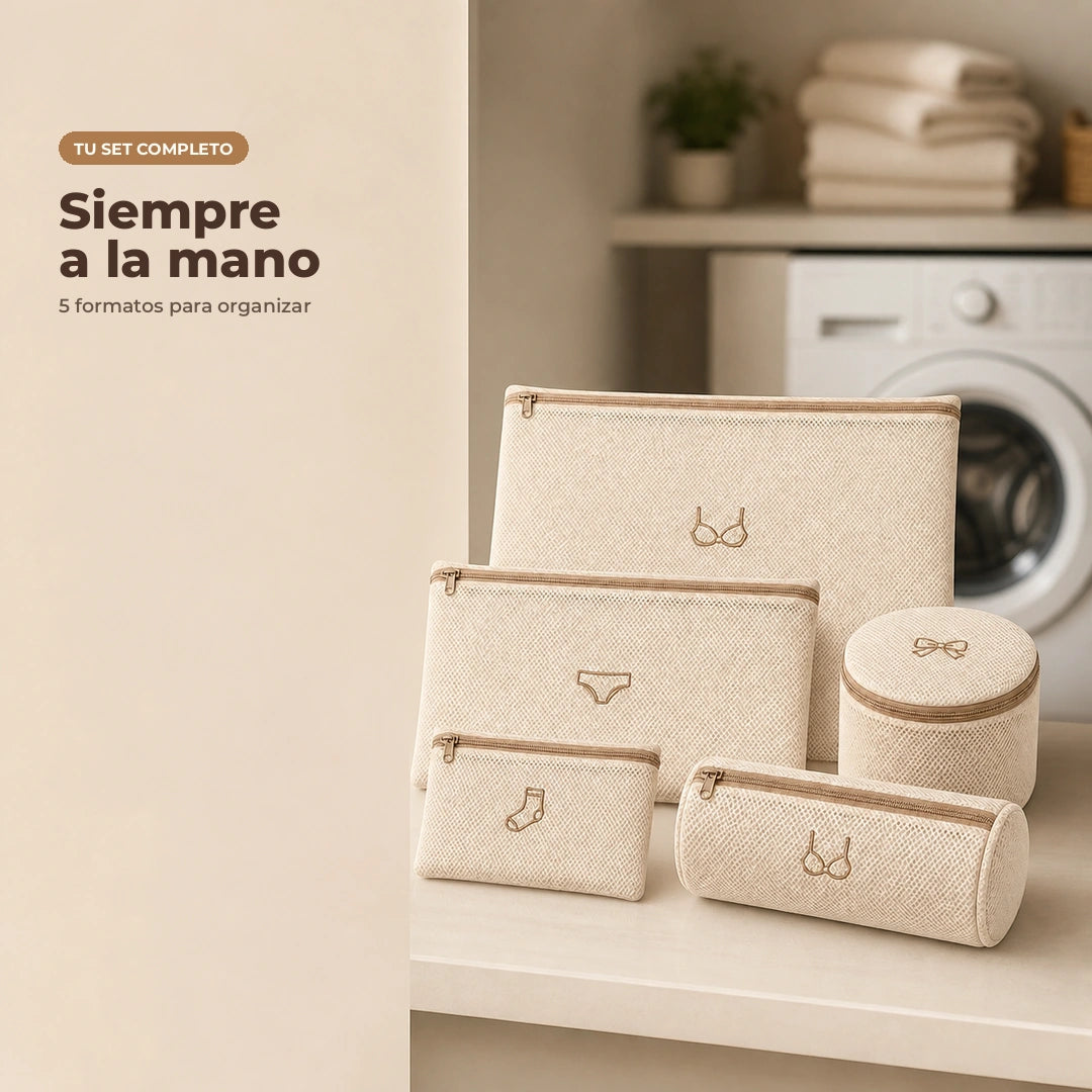 Set de cinco bolsas de malla en un ambiente de lavandería