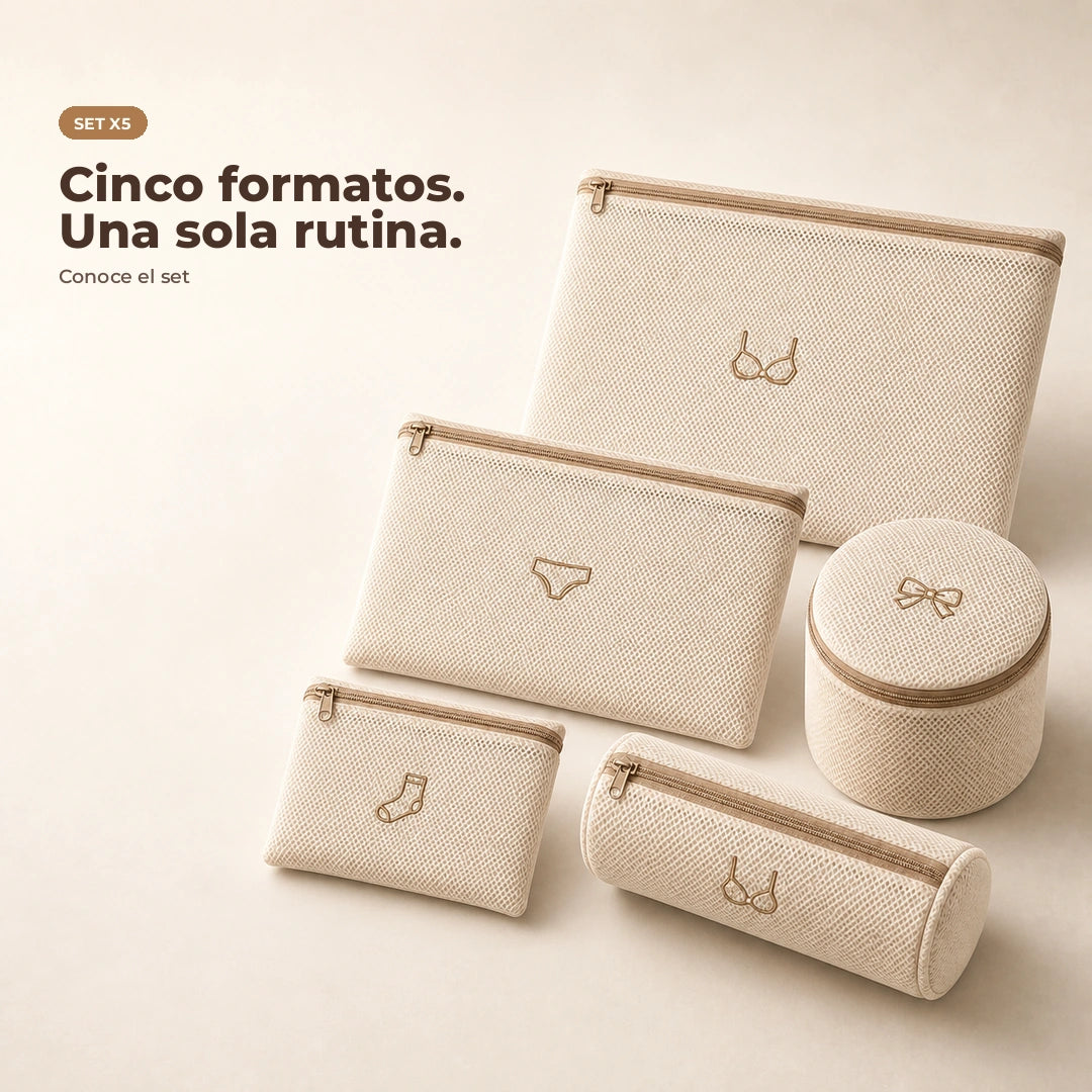 Cinco formatos del set de bolsas de malla para lavandería