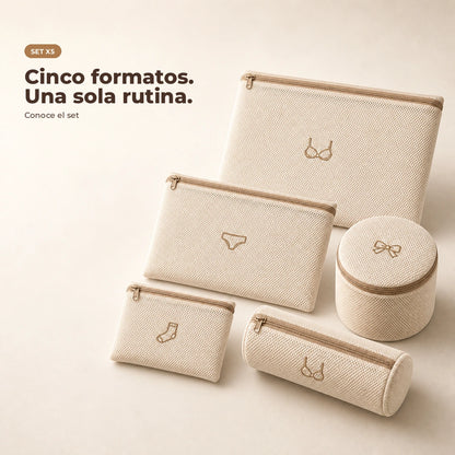 Cinco formatos del set de bolsas de malla para lavandería