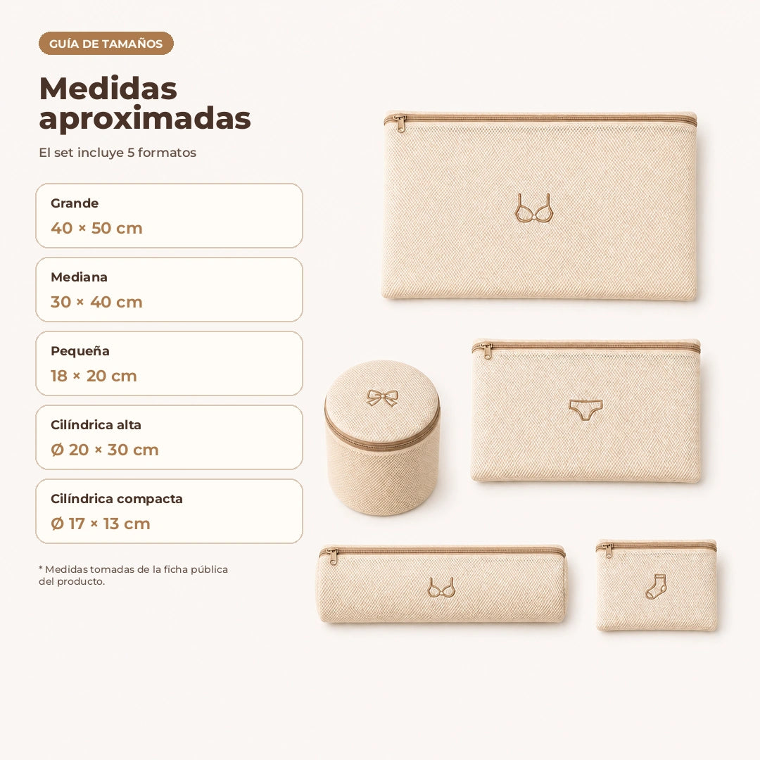 Medidas aproximadas de las cinco bolsas de malla del set