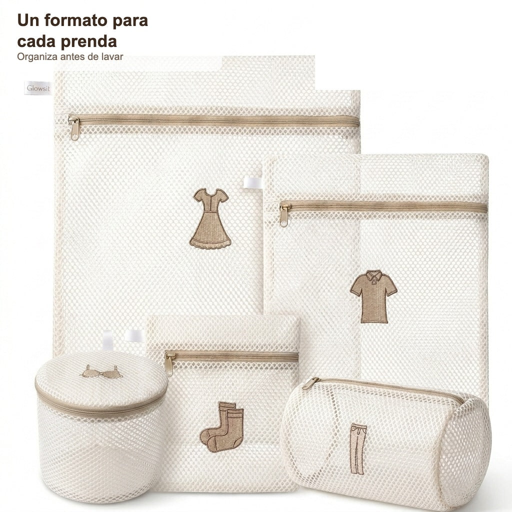 Set de cinco bolsas de malla para lavandería, un formato para cada prenda