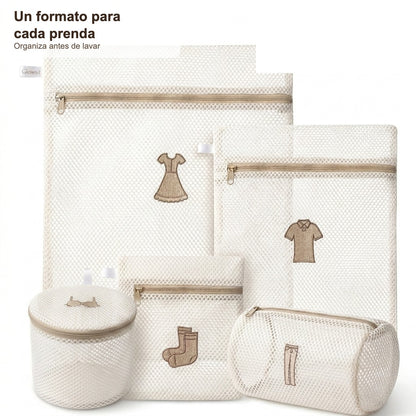 Set de cinco bolsas de malla para lavandería, un formato para cada prenda