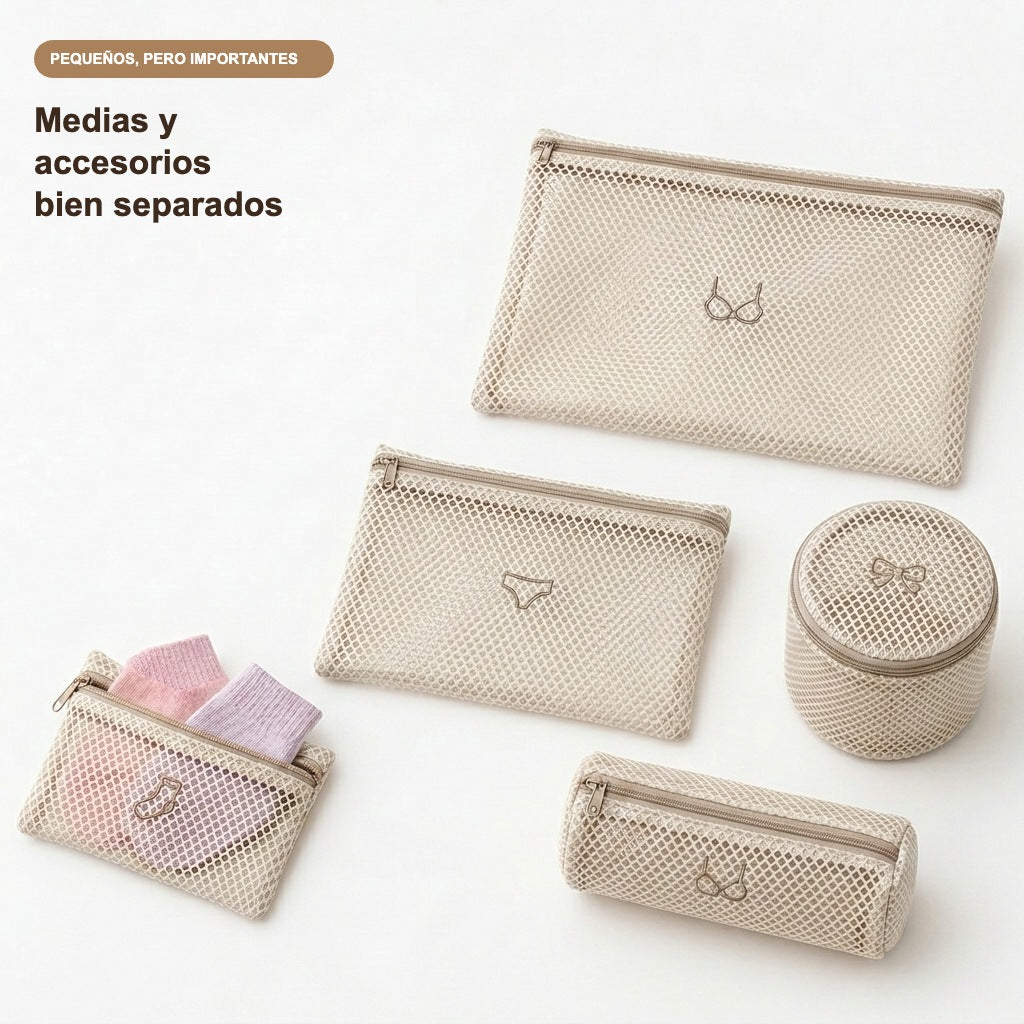 Medias y accesorios bien separados en bolsas de malla