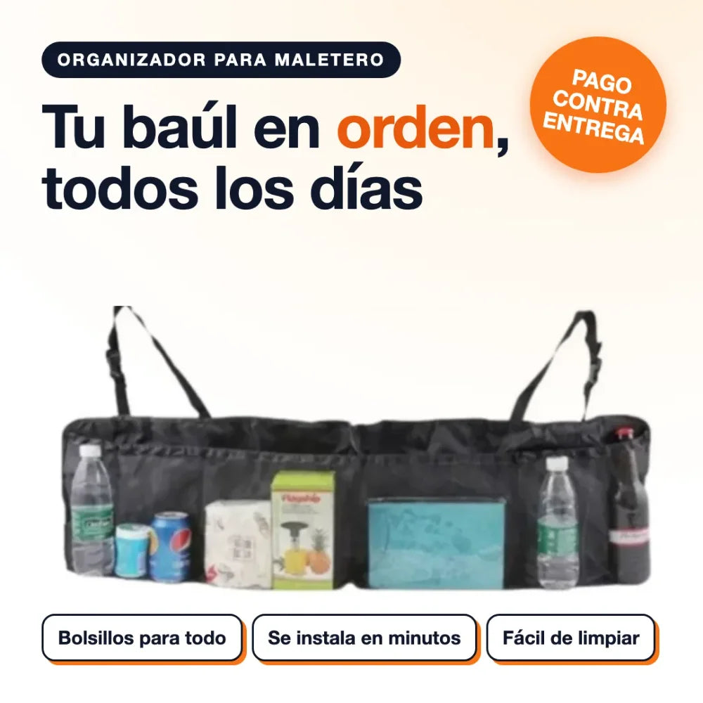 Organizador de maletero para vehículo con bolsillos, colgado y con objetos organizados