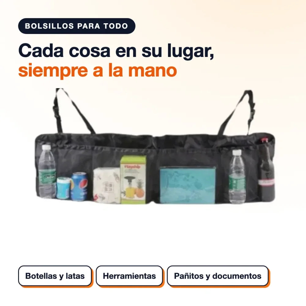 Organizador de maletero con botellas, latas y objetos en sus bolsillos